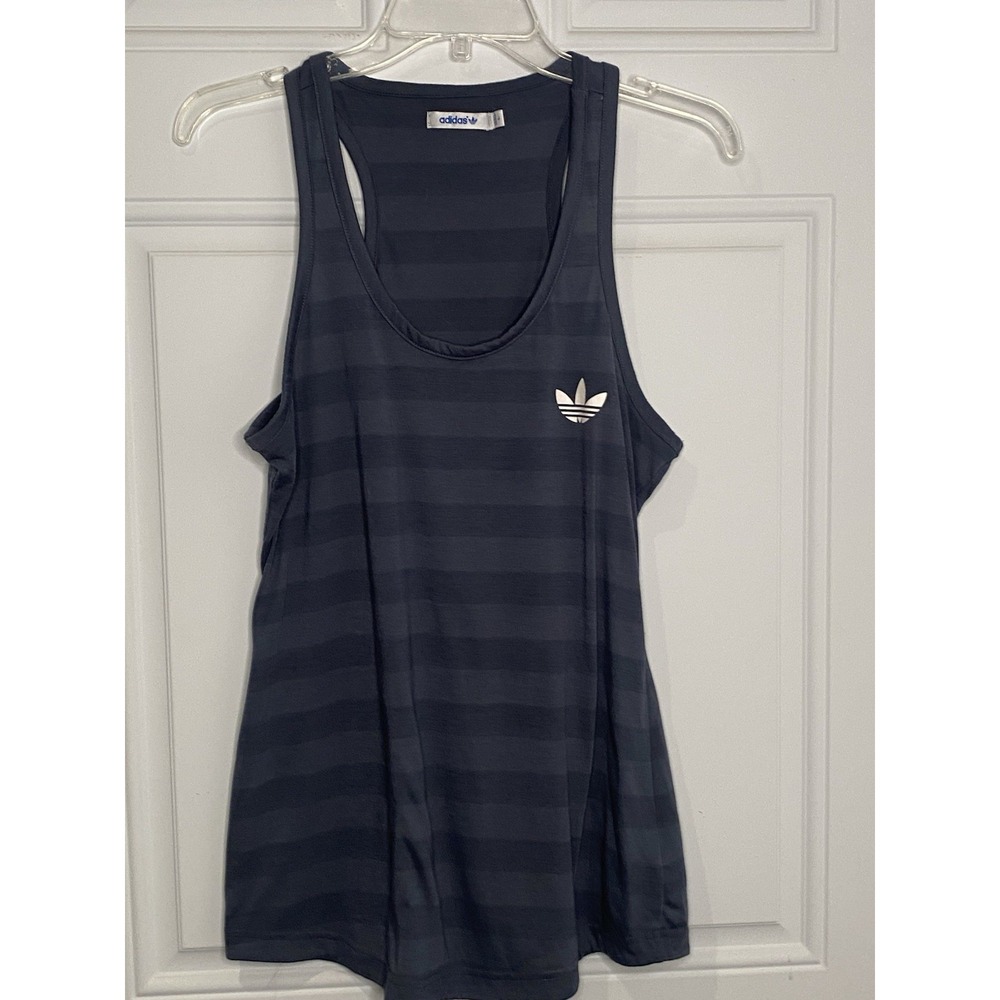 Adidas Large Striped Active Wear Racer Back‎ Tank Top Logo Blue Gray